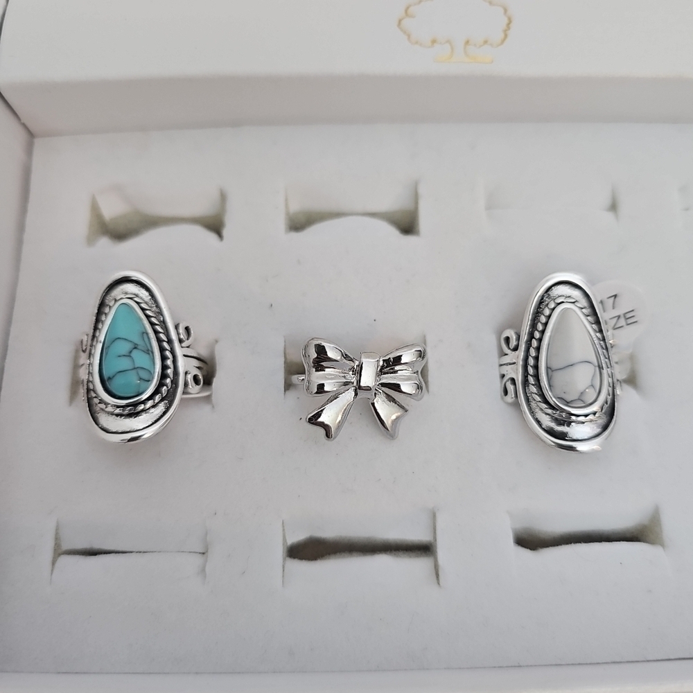 3pc Fashion Ring Set Silver Bow Blue Stone White Stone Country Girl Southwestern - Picture 2 of 8